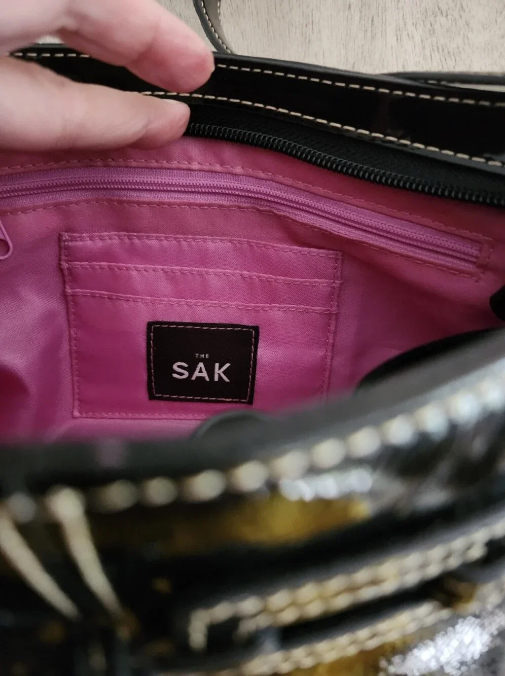 The Sak Black Patent Shoulder Bag with Contrast Stitching New No Tag
